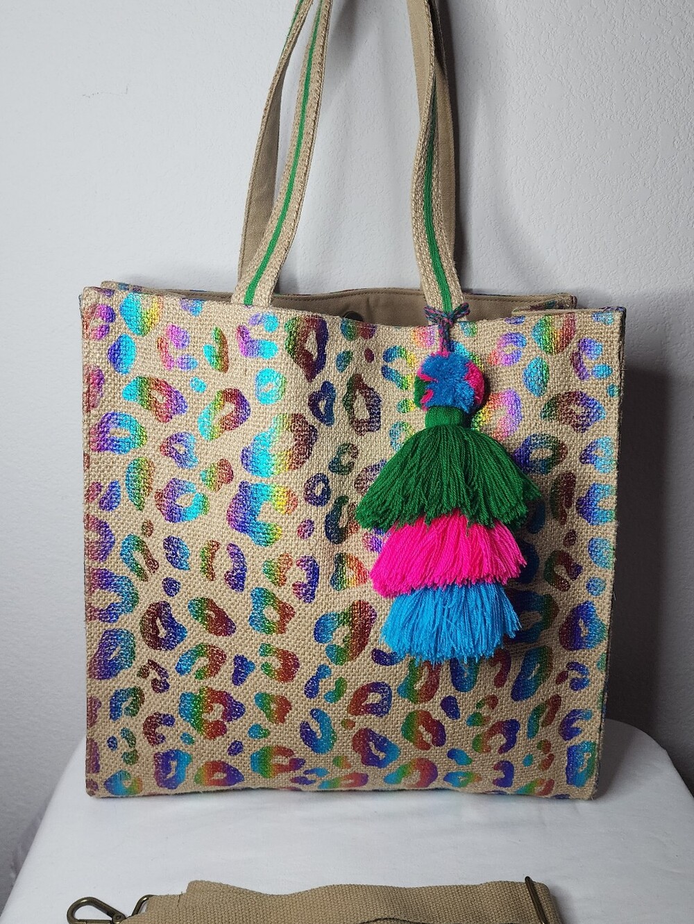 Brand New America and Beyond Metalic Leopard Print Tote with Tassel NWOT
